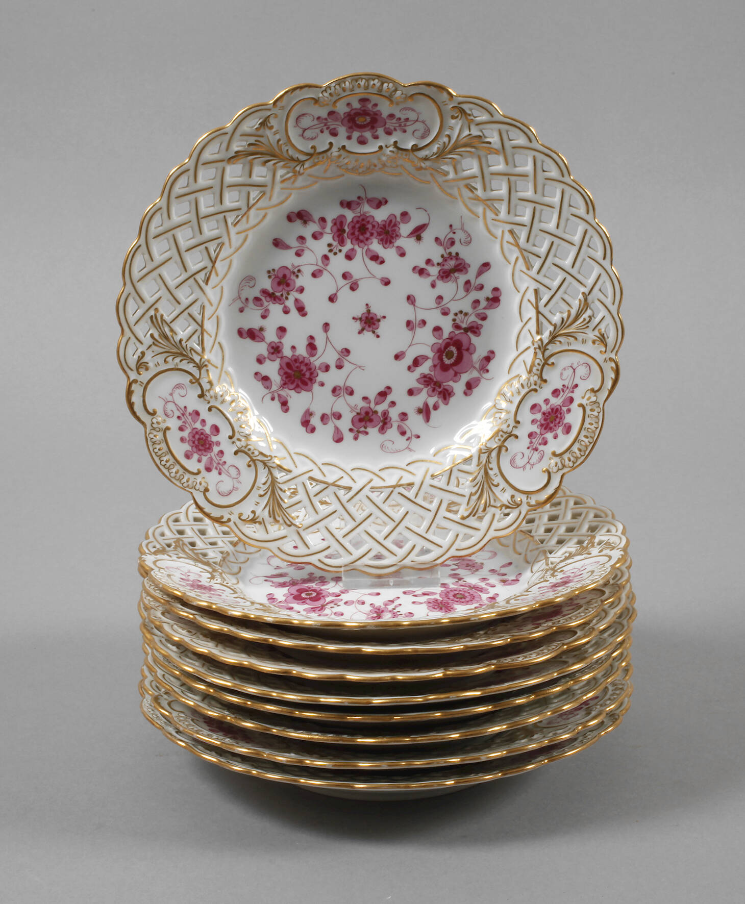 Meissen Flechtrandteller "Indische Malerei, purpur"