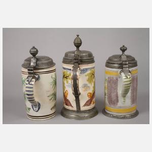Drei Fayencewalzenkrüge