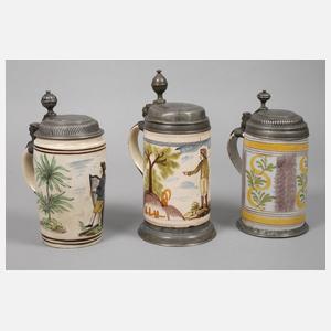 Drei Fayencewalzenkrüge
