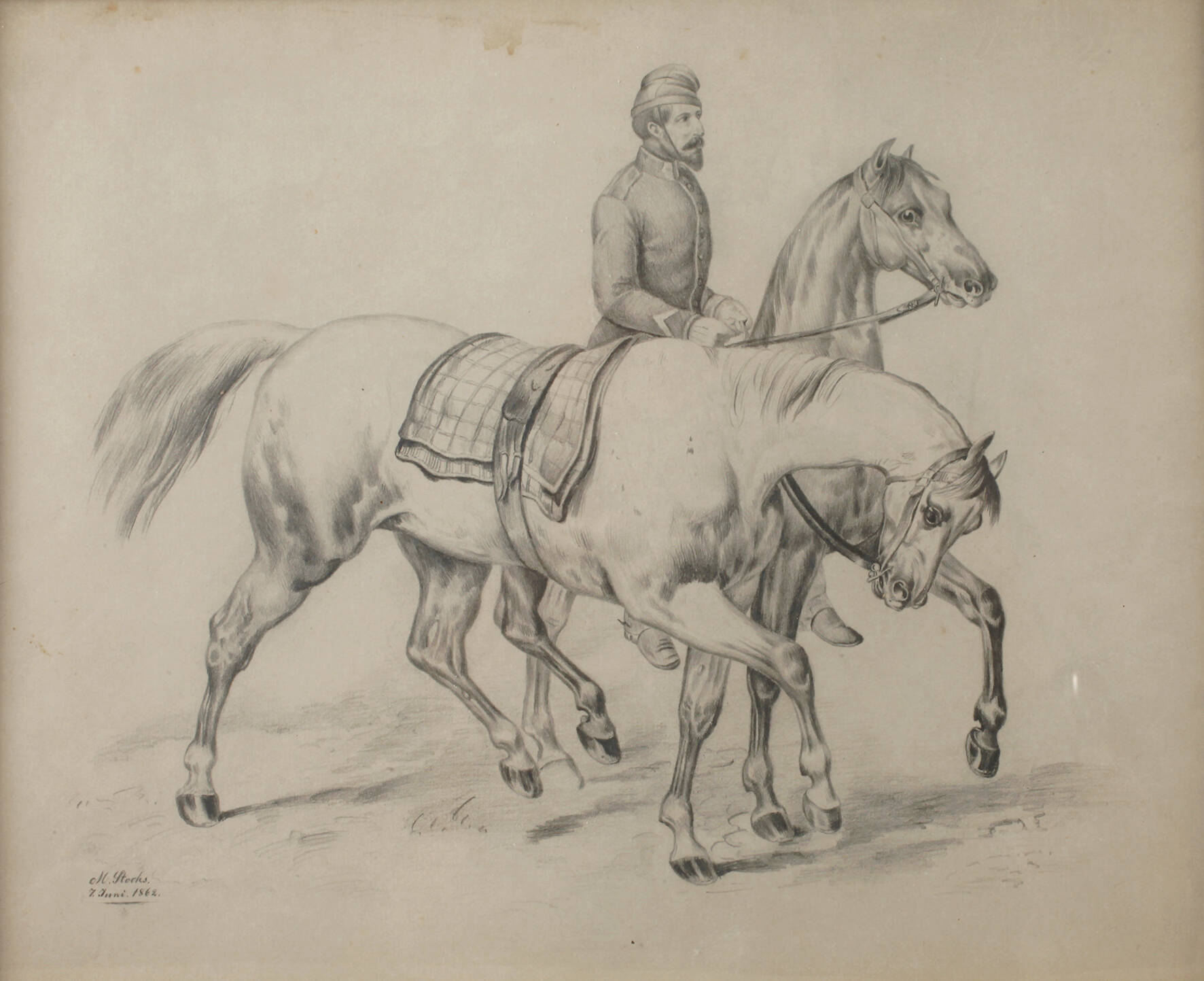 M. Stocks, Zwei Pferde mit Reiter