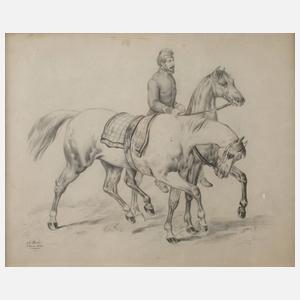 M. Stocks, Zwei Pferde mit Reiter