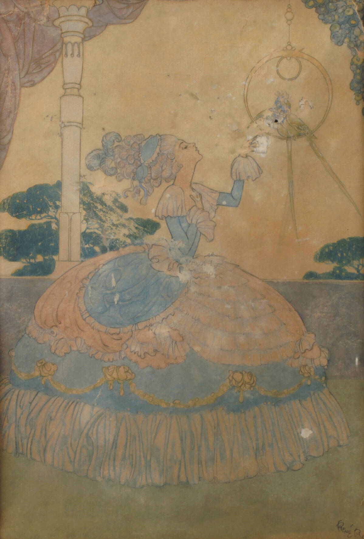 René Bull, Rokokodame mit Papagei