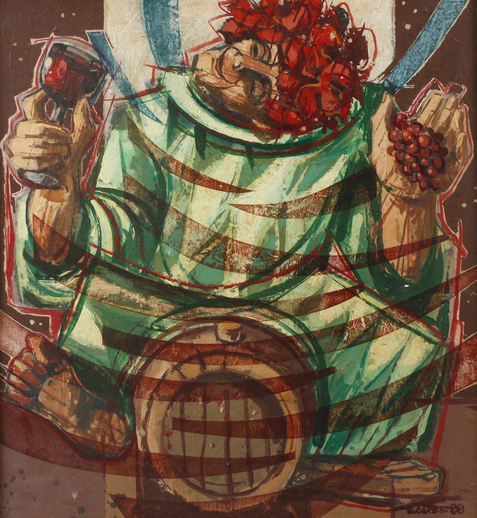 Bauer, Bacchus auf einem Fass reitend