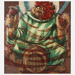 Bauer, Bacchus auf einem Fass reitend