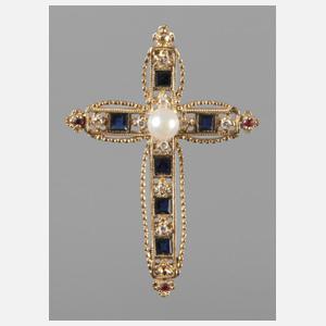 Kreuzanhänger mit Saphiren und Diamanten