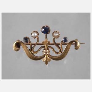 Jugendstilbrosche mit Saphiren und Perlen