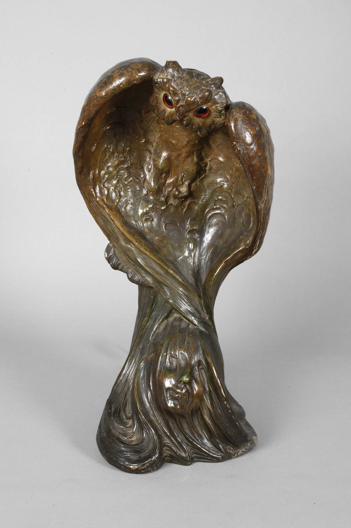 Figürliche Salonlampe als Eule mit Frauengesicht