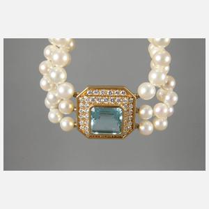 Perlencollier mit Aquamarin und Brillanten