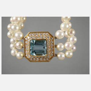 Perlencollier mit Aquamarin und Brillanten