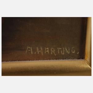 A. Hartung, Früchtestillleben mit Papagei