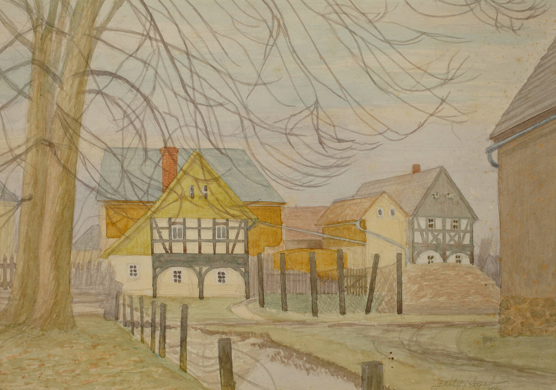 Fritz Tröger, "Fachwerkhäuser im Vorfrühling"