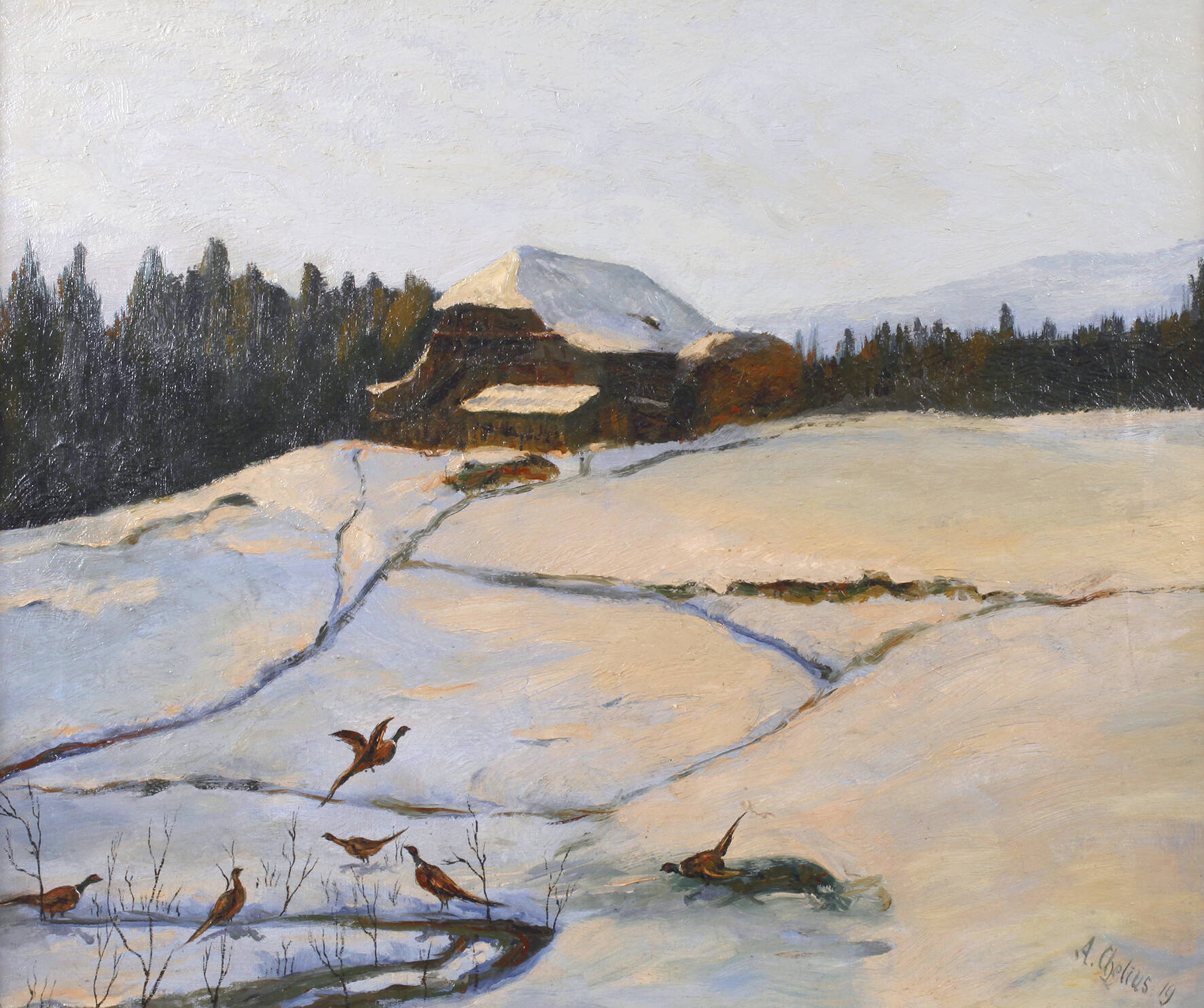 Adolf Chelius, Fasane in verschneiter Landschaft