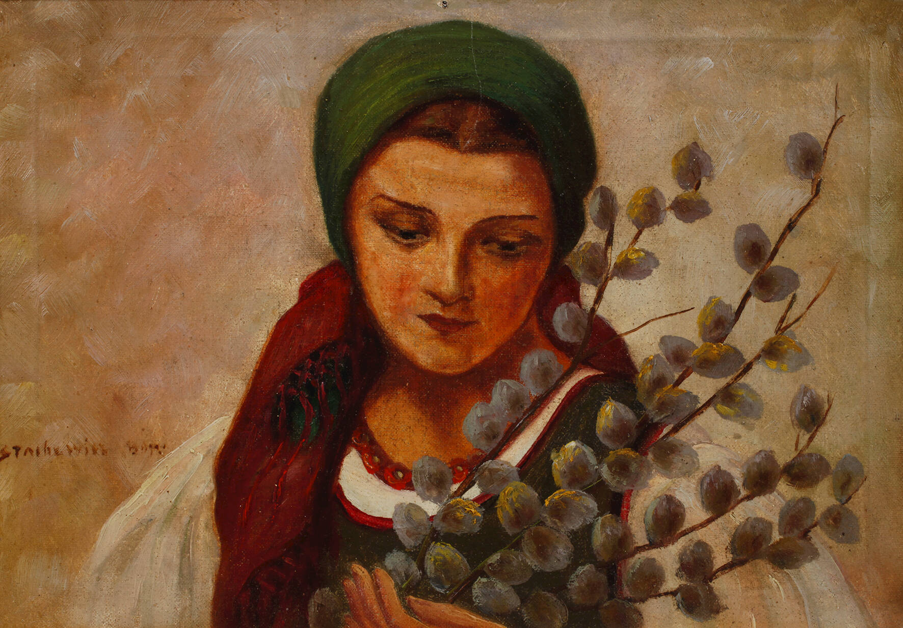 Bäuerin mit Blütenzweigen