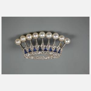 Platinbrosche mit Perlen und Saphiren