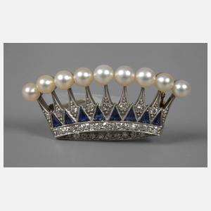 Platinbrosche mit Perlen und Saphiren