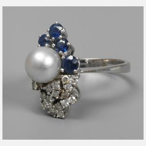 Damenring mit Perle, Saphiren und Diamanten