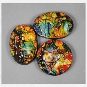 Heinz Werner drei kleine Reliefplatten Jagdhornbläser