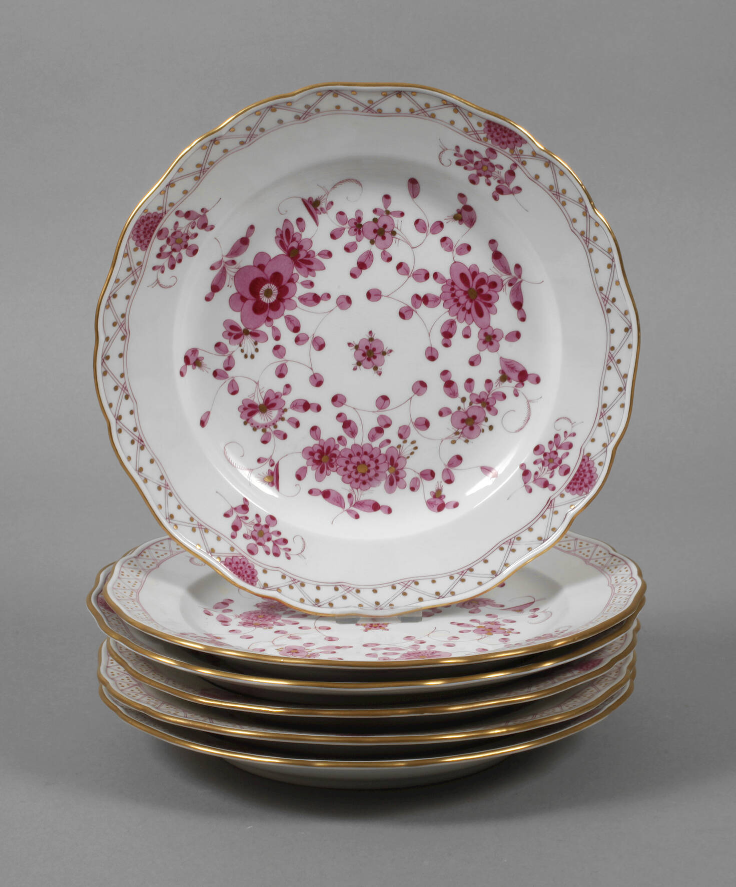 Meissen sechs Speiseteller "Indische Malerei, purpur"