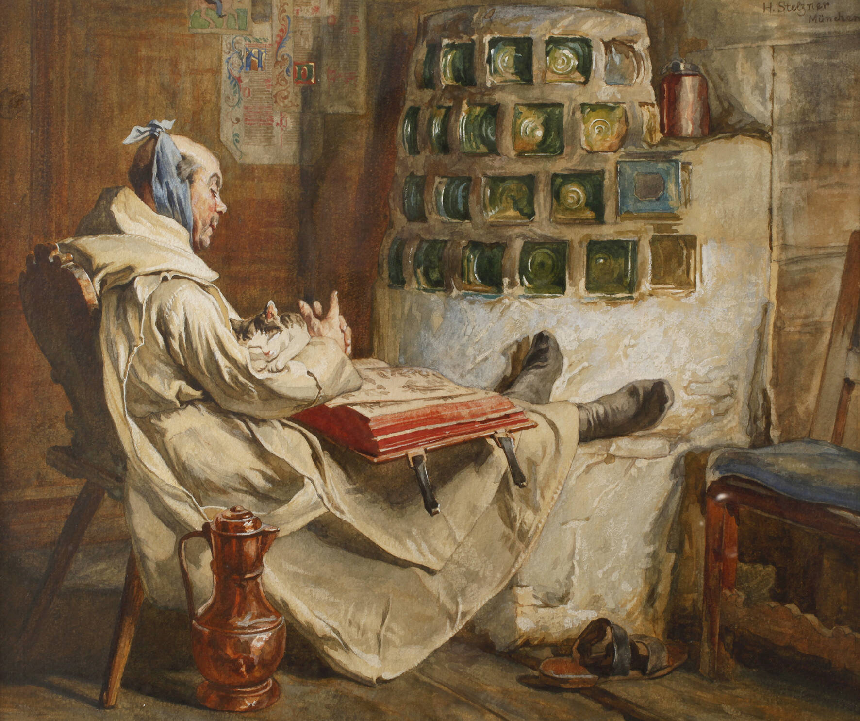 Prof. Heinrich Stelzner, Mönch mit Katze