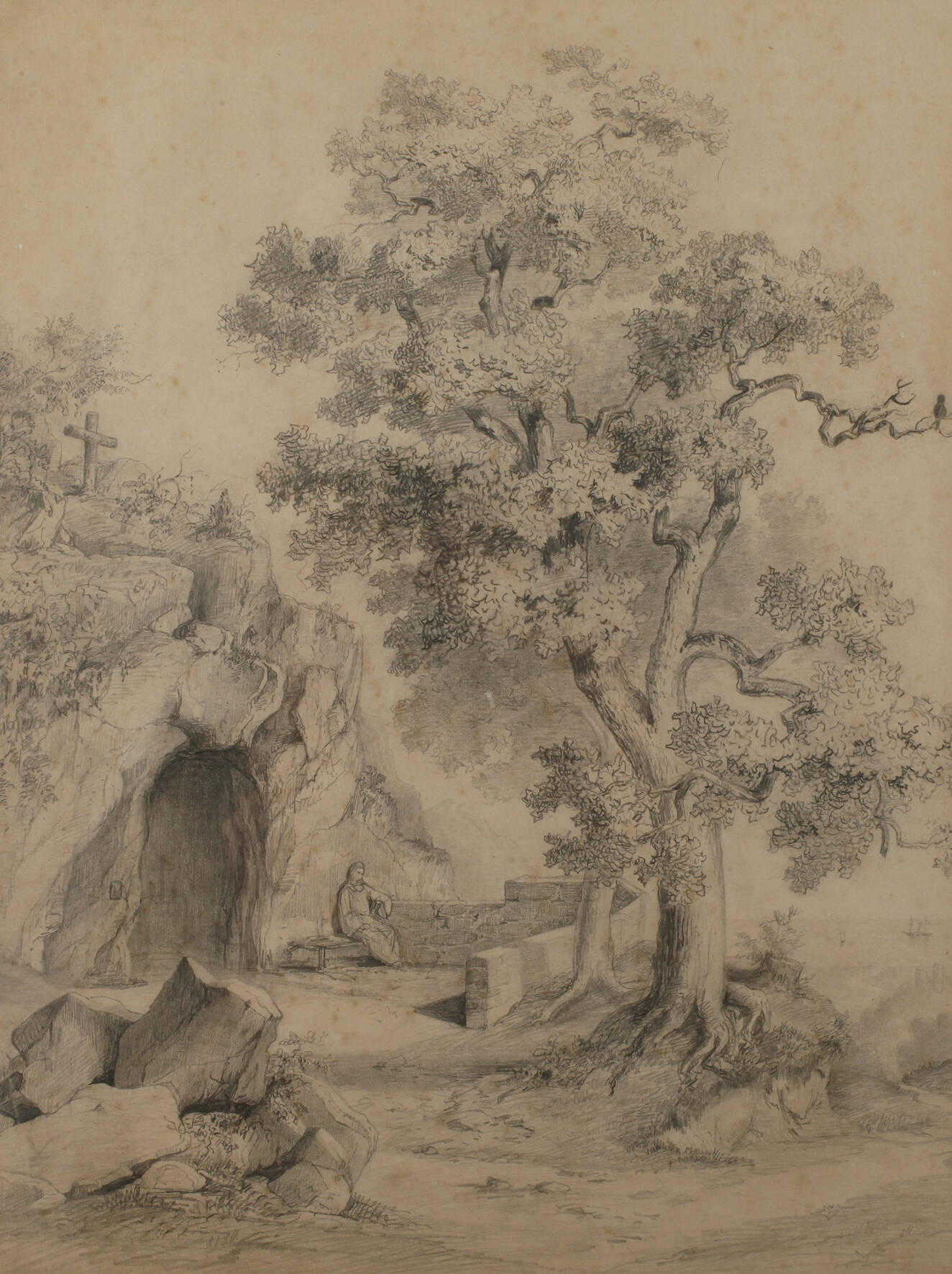 Eremit vor Höhle am Meer