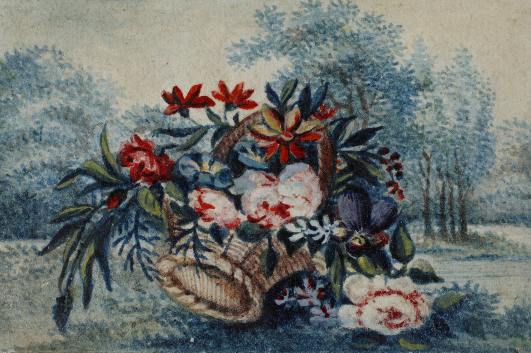 Blumenkorb vor Landschaft