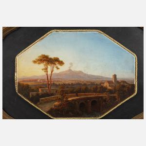 Rauchender Vulkan in mediterraner Landschaft