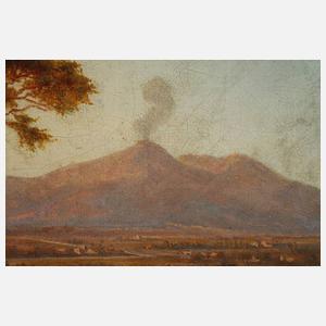 Rauchender Vulkan in mediterraner Landschaft