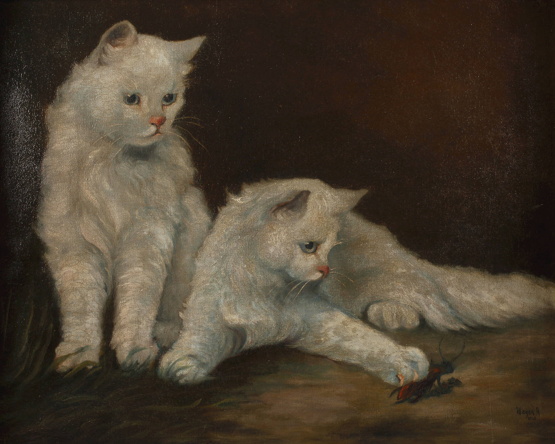 Prof. Arthur Heyer, Zwei Katzen mit Hirschkäfer