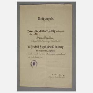 Friedrich-August-Medaille und Verleihungsurkunde