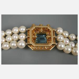 Perlencollier mit Aquamarin und Brillanten