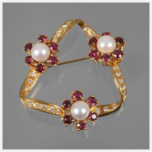 Brosche mit Rubinen, Perle und Diamanten