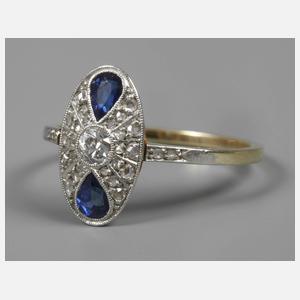 Art déco-Damenring mit Saphir und Diamanten