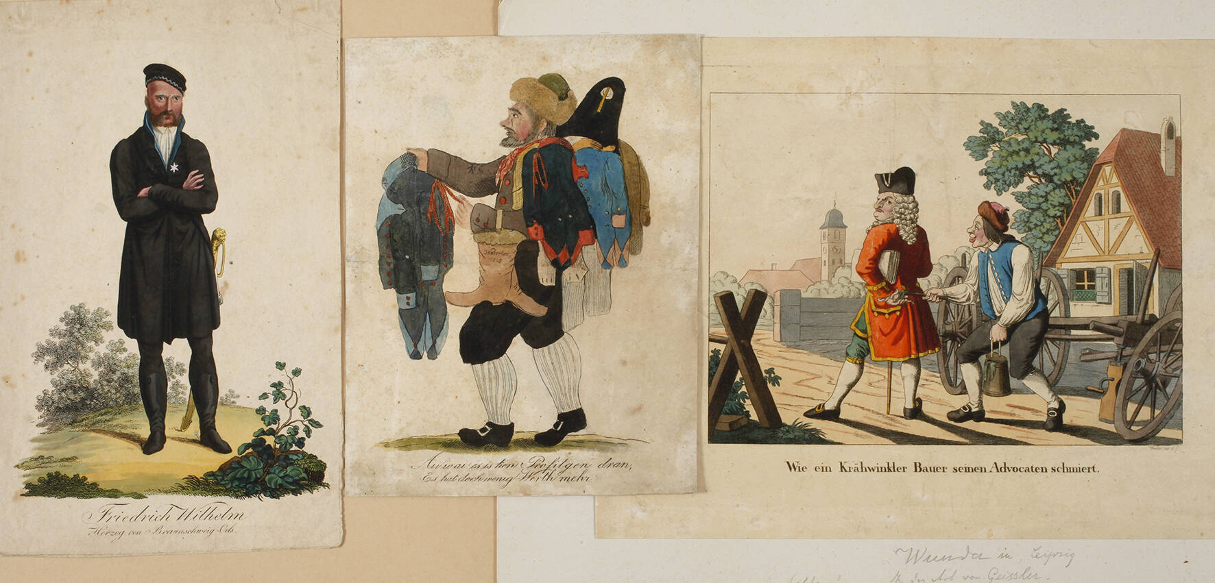 Drei Blatt kolorierte Graphiken