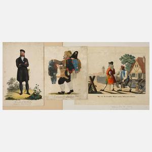 Drei Blatt kolorierte Graphiken