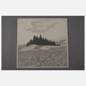 Udo Kaller, Hügelige Landschaft mit Baumgruppe