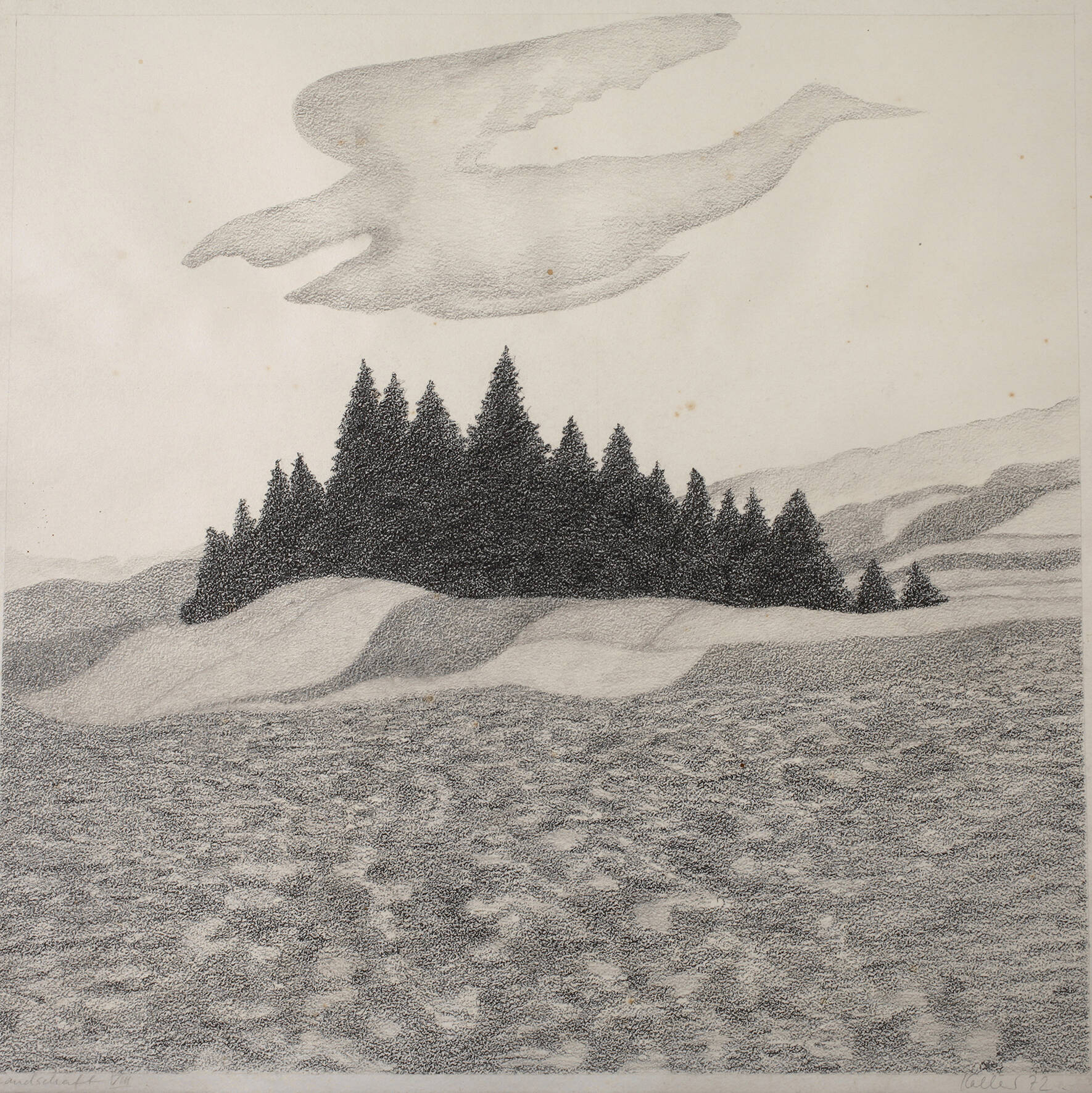 Udo Kaller, Hügelige Landschaft mit Baumgruppe