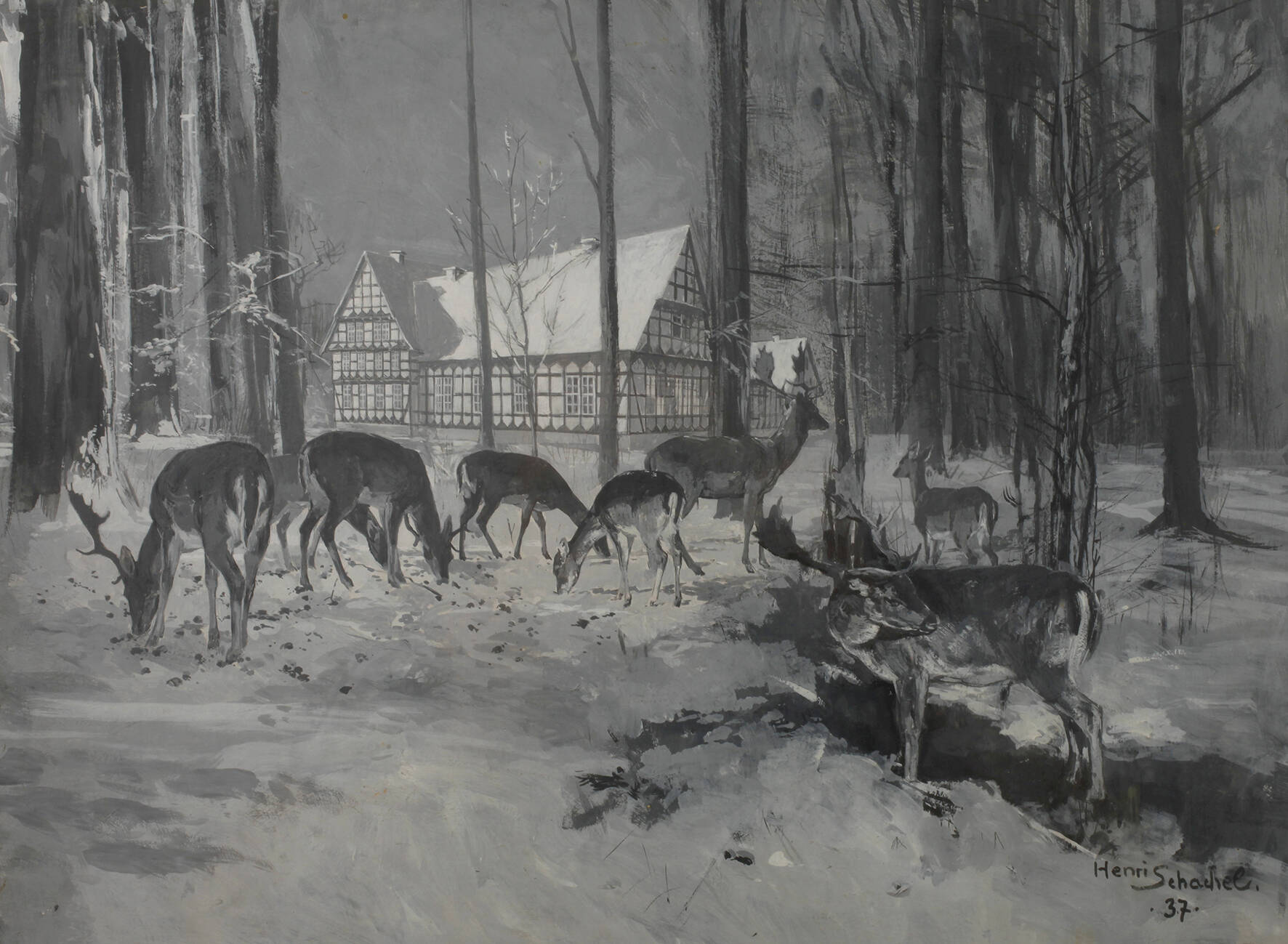 Henri Schachel, Hirsche am Waldhaus