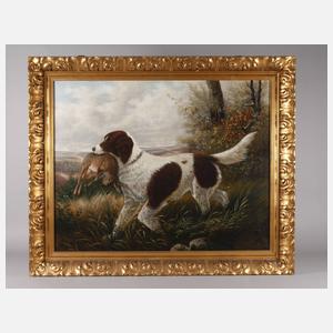 J. Heyn, Jagdhund mit Hasen