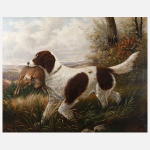 J. Heyn, Jagdhund mit Hasen