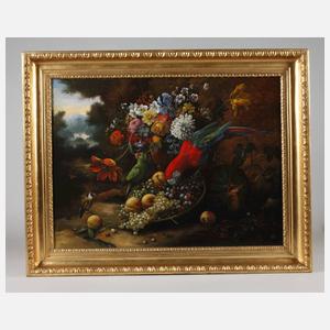 Stillleben mit Papageien und Stieglitz