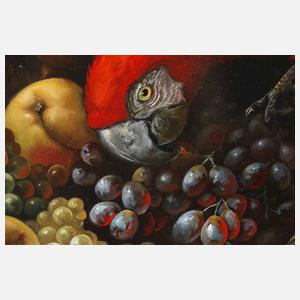 Stillleben mit Papageien und Stieglitz