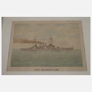 Vier Aquarelle Kriegsschiffe