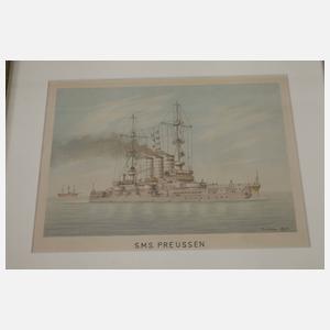Vier Aquarelle Kriegsschiffe