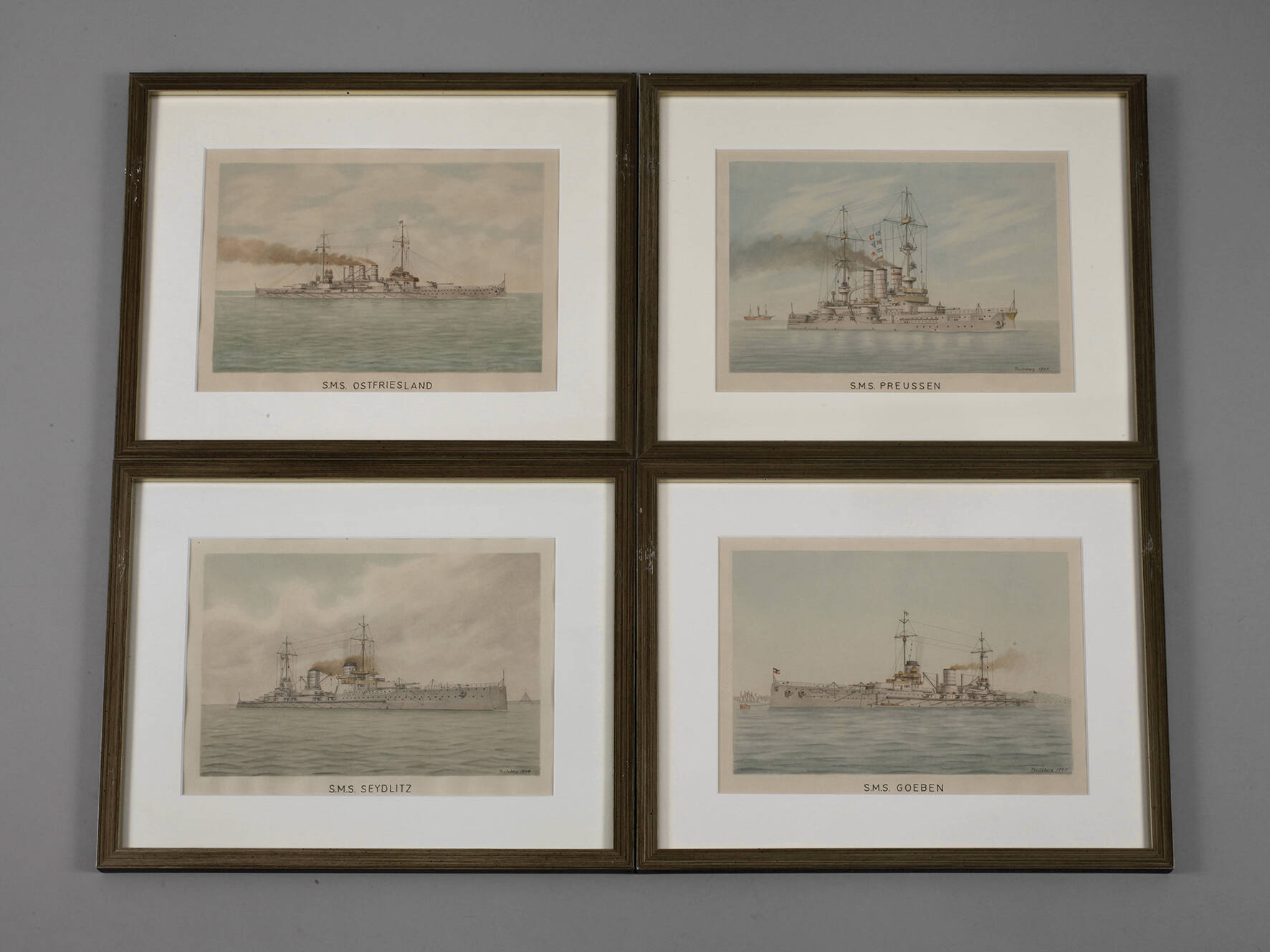 Vier Aquarelle Kriegsschiffe