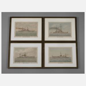 Vier Aquarelle Kriegsschiffe