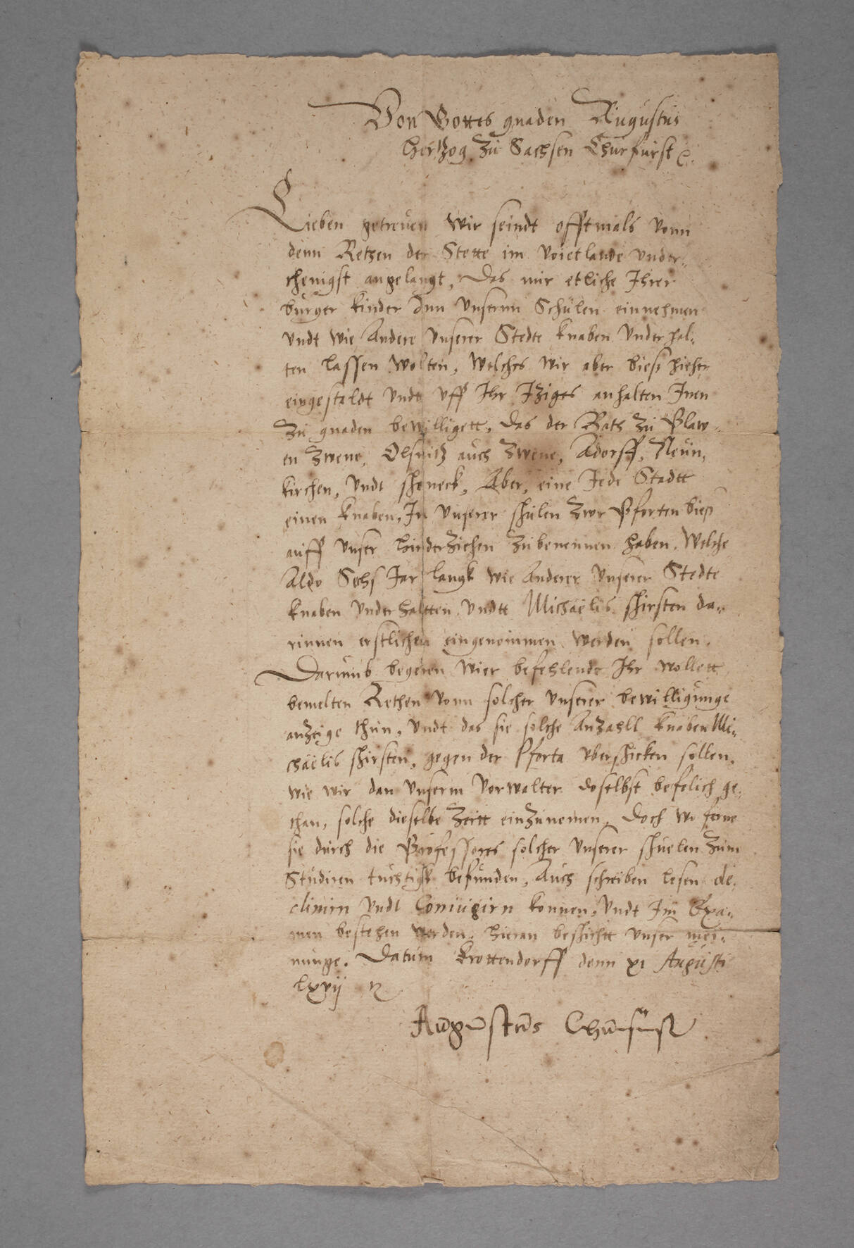 Brief des Kurfürsten Augustus von Sachsen