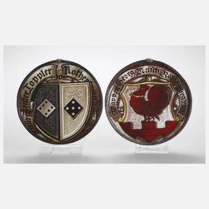 Zwei alte Bleiglasscheiben mit Emaillemalerei