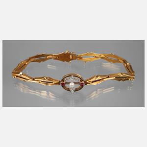 Art déco Armband mit Diamanten, Rubinen und Perle