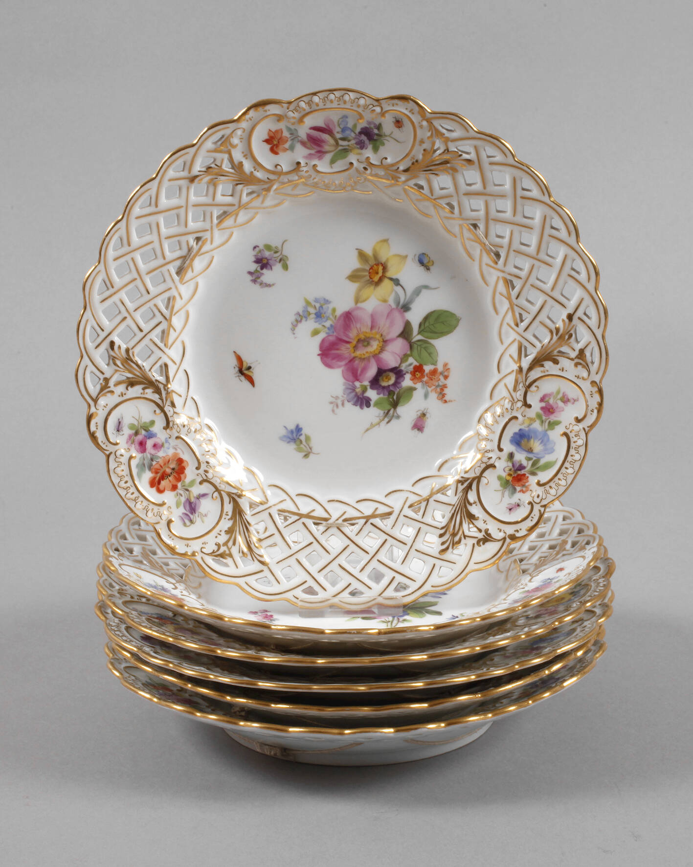 Meissen sechs Durchbruchteller "Blumen und Insekten"