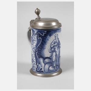 Nürnberger Fayence-Walzenkrug mit Heiligenfigur